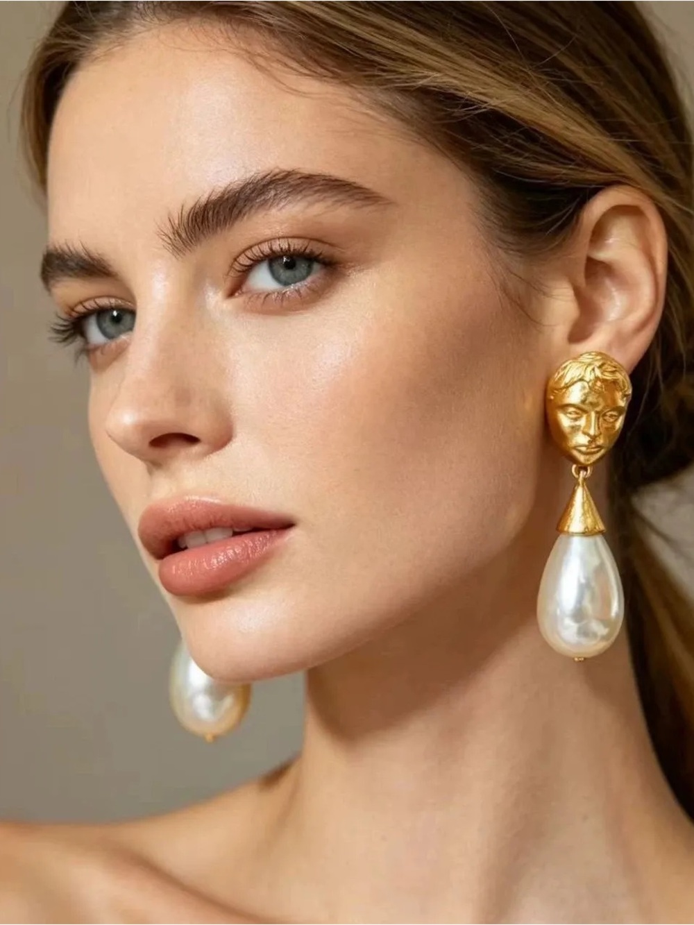Vintage Schiaparelli Sculpted Human Face Drop Pearls Earrings
